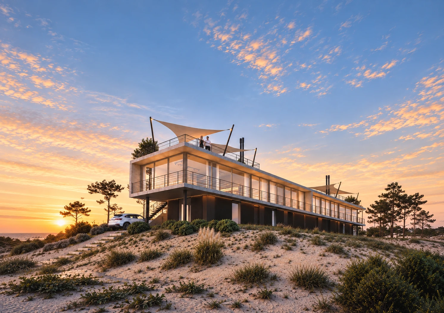 Render exterior de las dos residencias Living al atardecer